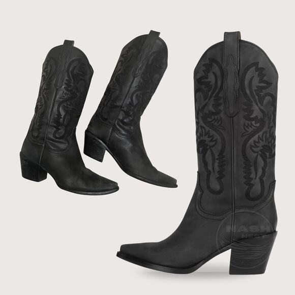 Jeffrey Campbell Dagget Black Western Boots 9 | Washed Leather, Embroidered $325 - Picture 4 of 13